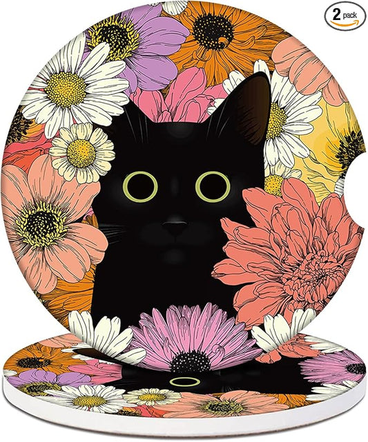 Car Cup Holder Coaster - Black Cat Flower Absorbent Ceramic Coaster 2 Pack, Car Coasters for Cup Holders, Fashion Car Interior Accessories Drink Coaster for Women & Men