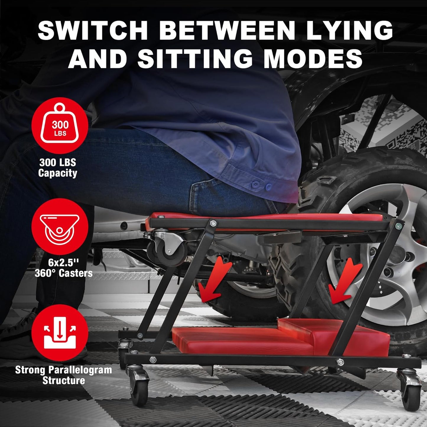 Torin 36" Rolling Foldable Car Creeper Automotive Creeper, 2-in-1 Garage Shop Creeper for Auto Repair, 300 Lbs Capacity, Red,TAM6505RB