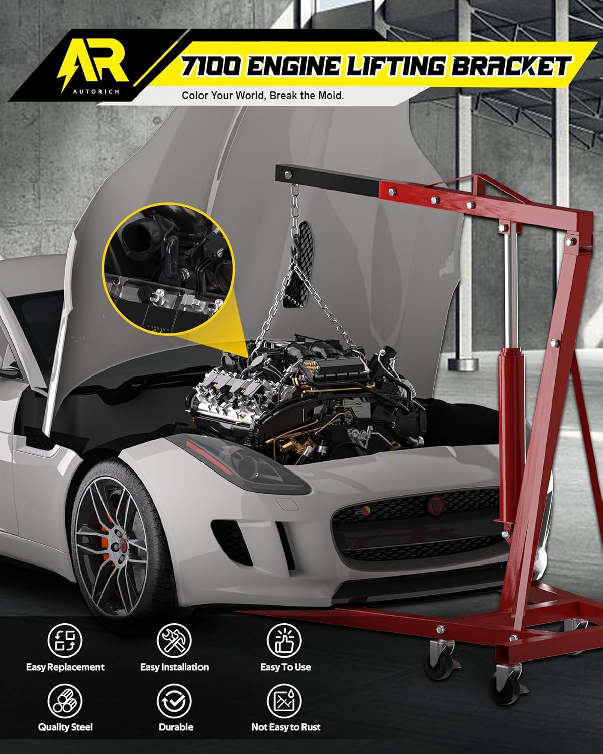 7100 Lifting Bracket Set for Engine - 4 Heavy-Duty Engine Lift Bracket 5500 Lb Capacity, Engine Support Bar for Lifting Slings and Load Levelers, Black