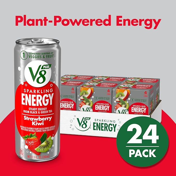V8 +SPARKLING ENERGY Strawberry Kiwi Energy Drink, Made with Real Vegetable and Fruit Juices, 11.5 FL OZ Can (6 Packs of 4)