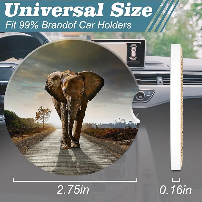 Walking Elephant Car Cup Holder Coaster, Car Coasters for Cup Holder, 2 Pack Natural Animal Landscapes Anti-Slip Absorbent Ceramic Car Cup Coasters for Women Men with Finger Notch Cork Base 2.56"