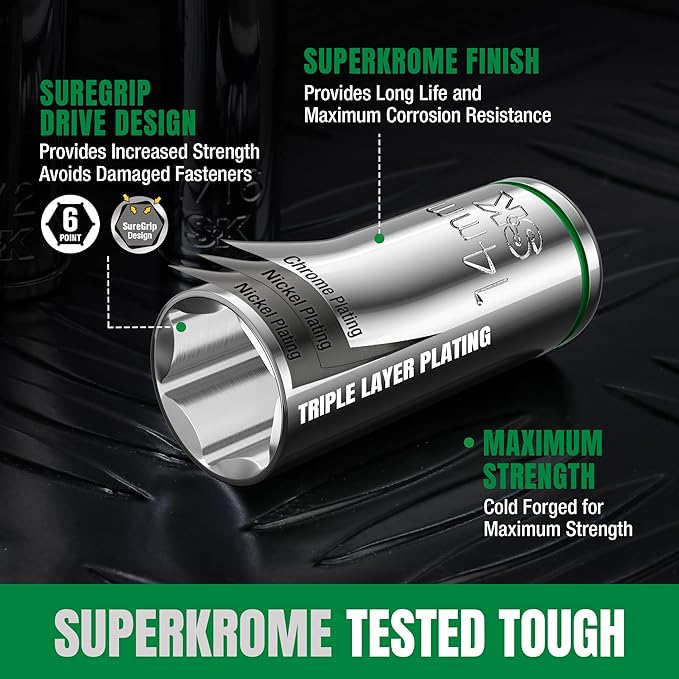 SK 3/8" Drive Socket Set with 160-P Ratchet, 56-Piece, SAE & Metric, SuperKrome Finish, Premium CR-V Construction, with EVA Foam Tool Organizer