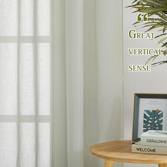 NICETOWN Linen Sheer Sage Green Curtains for Bedroom, Grommet Semi Sheer Linen Blend Vertical Window Drapes Privacy with Light Penetration for Living Room, 36W x 84L, Set of 2