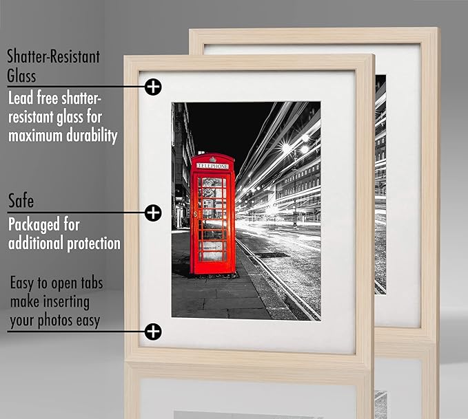 Americanflat 11x14 Picture Frame with Shatter-Resistant Glass - Set of 2 - Use as 8x10 Frame with Mat or Display 11x14 Photo Without Mat - Signature Collection - Picture Frames for Wall - Light Wood