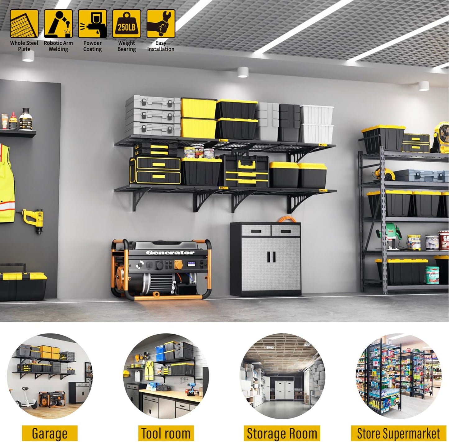 2x3ft Adjustable Rail Wall Garage Storage Shelf, for Tool Room, Storage Room, Store Supermarket Wall Storage Shelving Rack (4 Pack-Black)