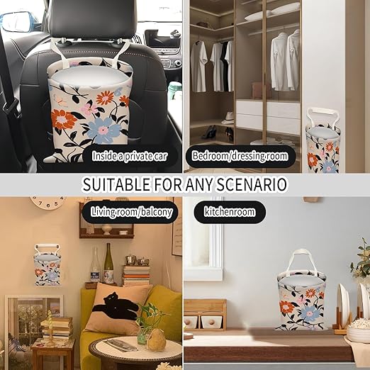 Car Trash Can, Hanging Garbage Bin for Men and Women, Cute Car Organizer and Storage Bag, Canvas Vehicle Trash Can Bag Easy-to-Install Boho Red and Blue Floral