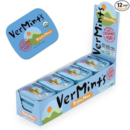 VerMints Organic Breath Mints PepperMint Candy Mints for Real Long-Lasting Flavor, Travel Size Tin - Non-GMO, Nut Free, Gluten Free, Vegan, Kosher Peppermints - .63oz/18g Tins (Pack of 12)