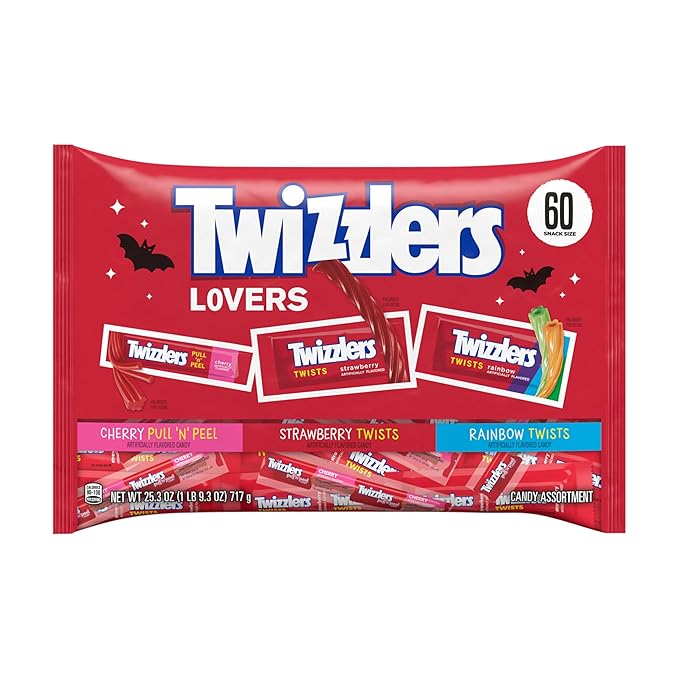 TWIZZLERS Assorted Fruit Flavored Snack Size Chewy, Halloween Candy Bag, 25.3 oz (60 Pieces)