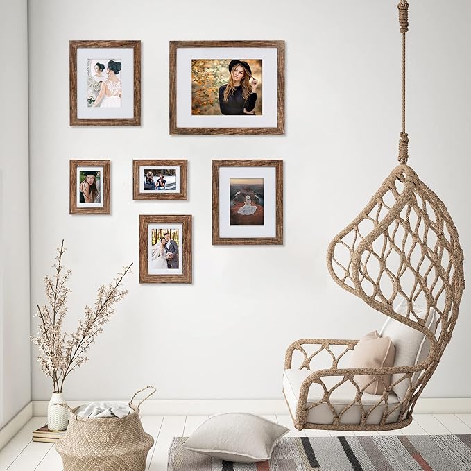 4x6 Picture Frame Set of 4, with Real Glass and Rustic Brown Wooden Frame, 4 by 6 Photo for Wall or Tabletop - Display Picture 3.5x5 with Mat or 4x6 Without Mat