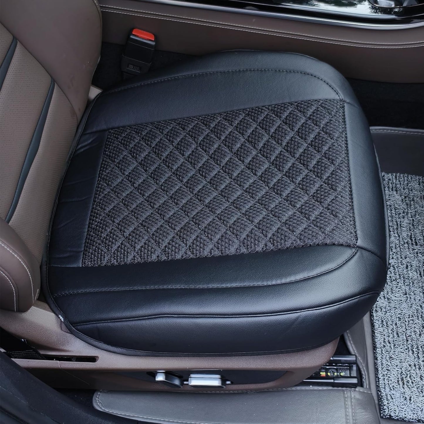 Leather Bottom Car Seat Covers,Front Seat Only Black Ice Silk Car Seat Cushion Pad Mat,Ventilated Breathable,Car Seat Protector for Leather Seats (1 Pack Black)