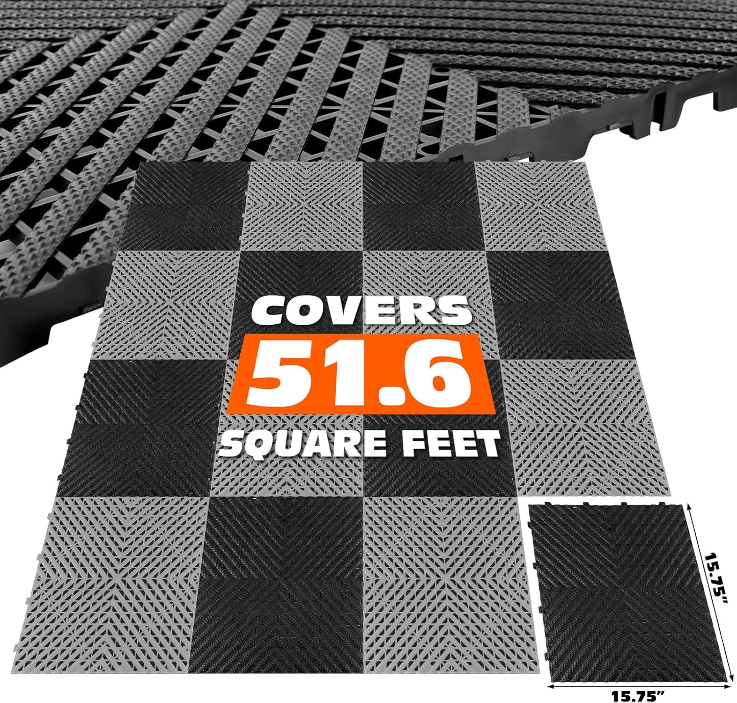 Interlocking Garage Floor Tiles - 0.79in,Vented, Self-Draining, Non-Slip Flooring, Modular, Virgin Polypropylene, Ideal for Garages, Patios, Basements, Decks -51.6 sq ft (Black, 30PCS)