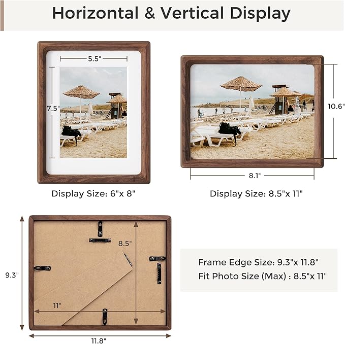 Heimlove 8.5X11 Picture Frames Natural Walnut,Original Wood Hand Make Crafted Photo Frame with Mat to 6X8 Graduation Picture Display,Family Picture,Wedding Picture Tabletop & Wall Decoration