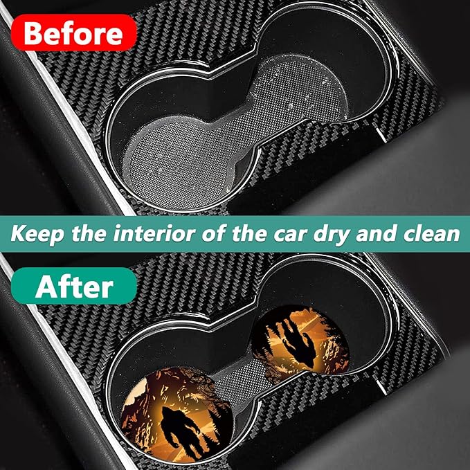 2 Pack Car Cup Holder Coasters - Bigfoot Mountains Forest Moon Absorbent Ceramic Coaster, Car Coasters for Cup Holders, Car Interior Accessories for Women Men
