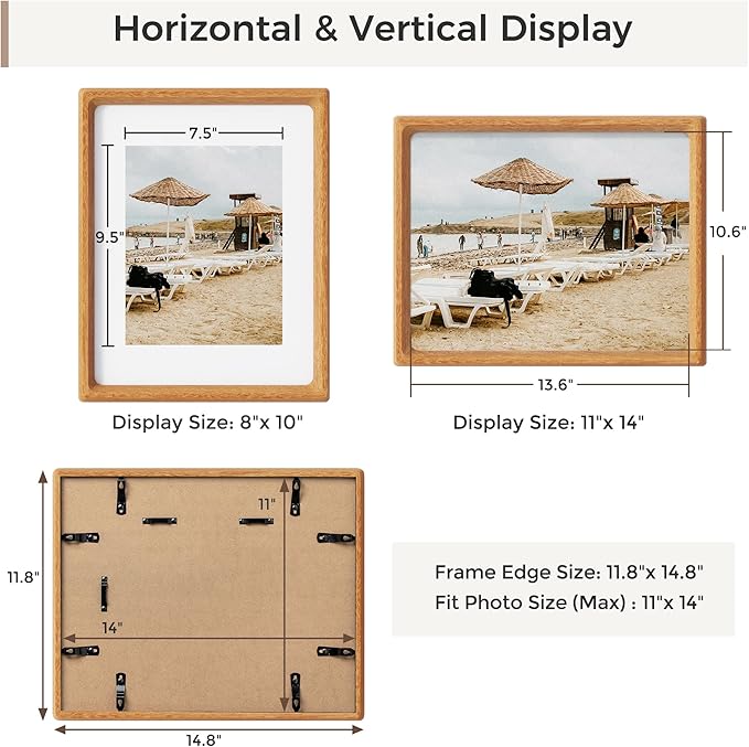 Heimlove 11x14 Picture Frames Natural Teak,Original Wood Hand Make Crafted Diploma Frame with Mat to 8x10 Graduation Picture Display,Family Picture,Wedding Picture,Photo,Certificate Wall Mounted