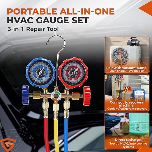 GEARLAST Digital HVAC Manifold Gauge Set, 3 Way AC Refrigerant Pressure Gauge for R134 R22 R12 R502, Recharge & Recovery Professional Automotive & Air Conditioning Tool Kit with Hoses