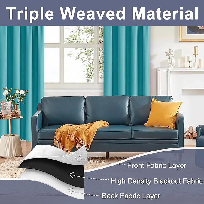 JIUZHEN Blackout Curtains for Bedroom - Thermal Insulated Room Darkening Rod Pocket Curtains for Living Room, Set of 2 Panels with Tiebacks, 60 x 96 Inch Length, Turquoise