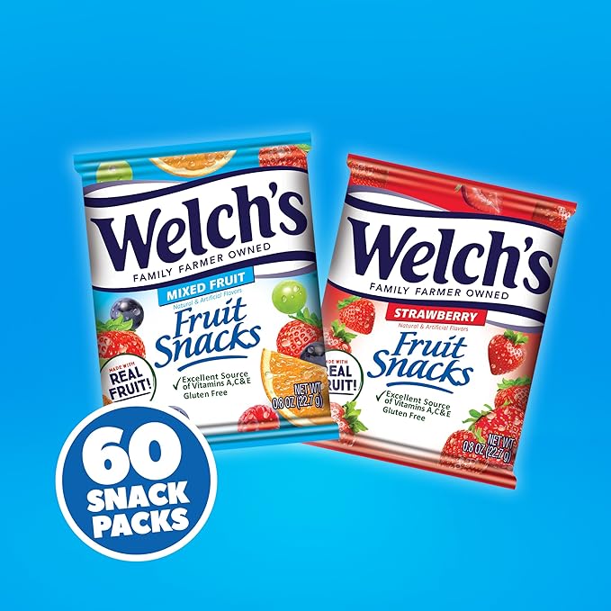 Welch's Fruit Snacks, Mixed Fruit & Strawberry Snack Box, Gluten Free, 0.8oz Snack Packs (Pack of 60)