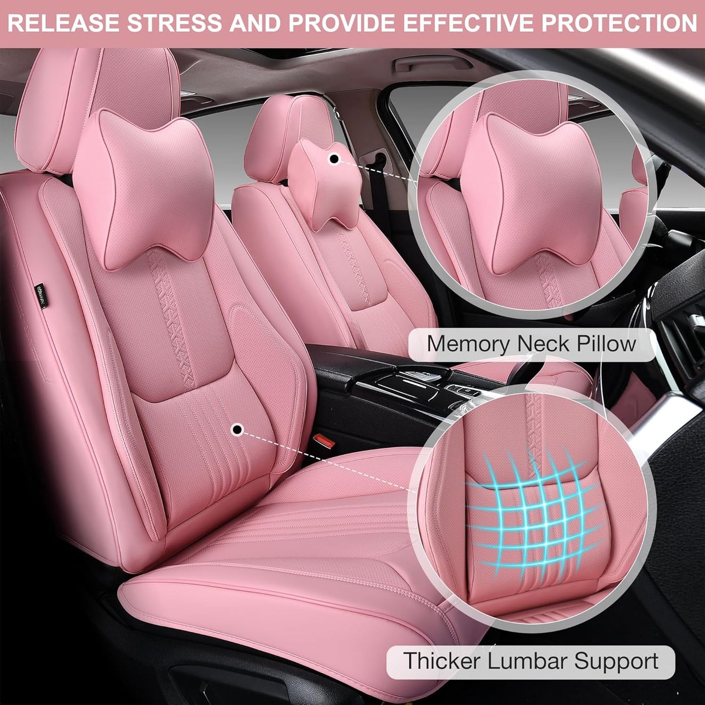 Front Seat Covers, 2 Pieces Universal Seat Covers for Cars, Waterproof Leather Auto Seat Protectors with Head Pillow, Car Seat Cushions Fit for Most Sedans SUV Pick-up Truck, Pink