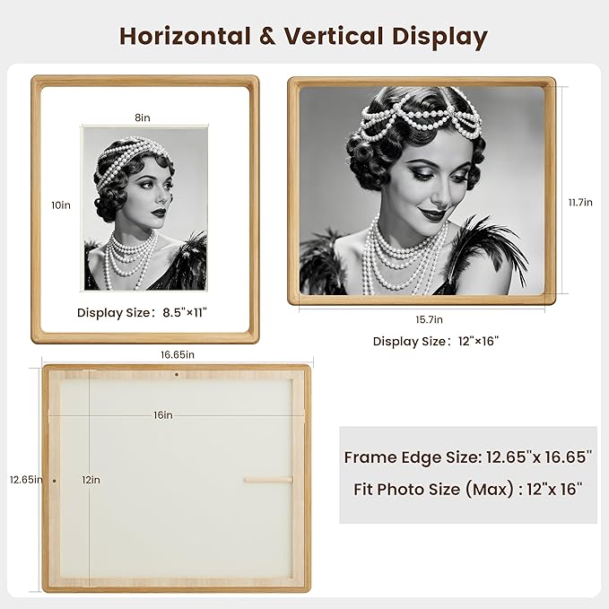 HELPLEX 12x16 Premium Picture Frame Set of 2 - Solid Oak Wood, UV-Blocking Plexiglass, Convertible 8.5x11 Matted or 12x16 Open Display - Wall Art Gallery & Luxury Home Decor