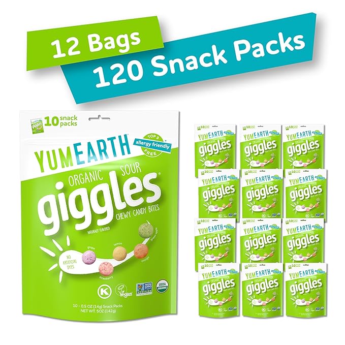 YumEarth Organic Sour Giggles Chewy Candy – Allergy Friendly, No Artificial Dyes, Non GMO, Gluten Free, Sour Fruit Flavored, Vegan Candy Snacks with No Artificial Flavors, 0.5 oz (Pack of 120)