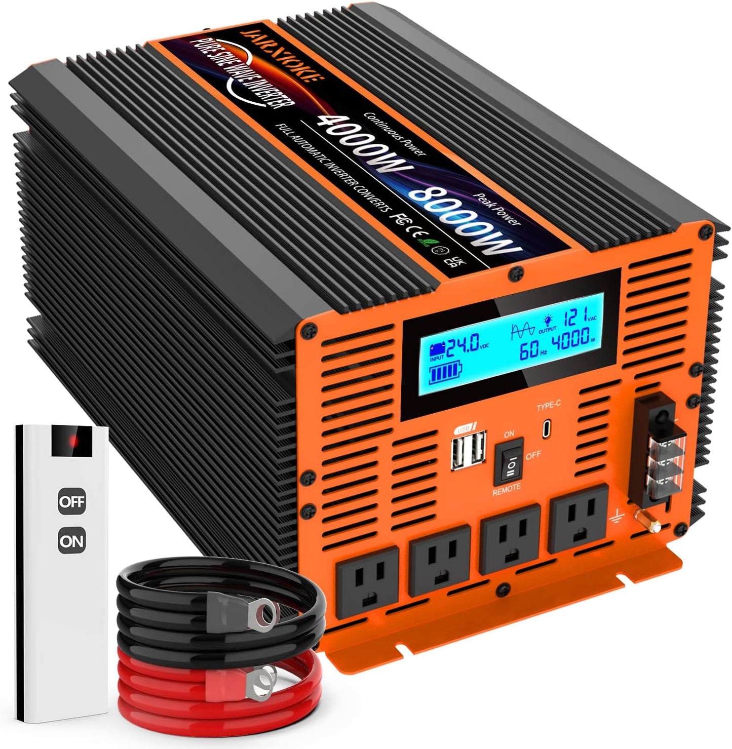 4000 Watt Pure Sine Wave Power Inverter 24V DC to 110V 120V Converter for Family RV Off Grid Solar System Car with Type-C Ports 4 AC Power Outlets Dual USB Ports LCD Display and Remote Control