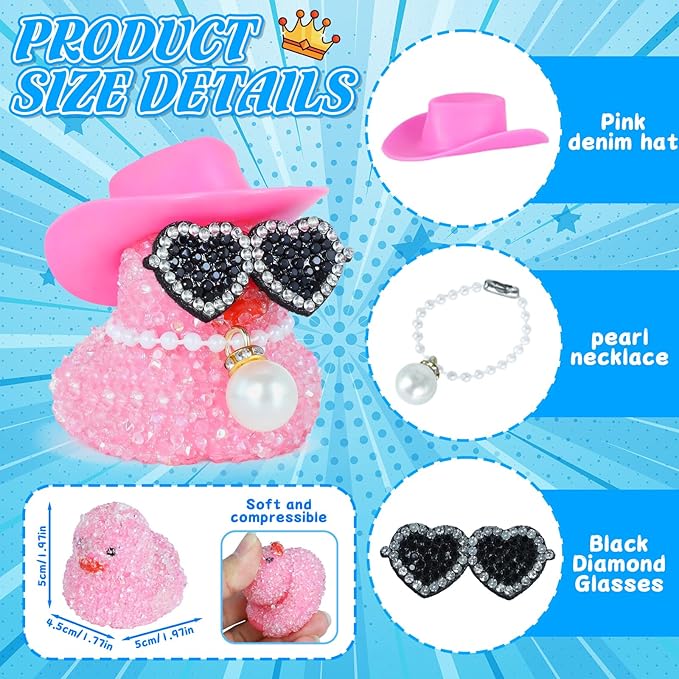 BOZILY Pink Diamond Rubber Duck Car Dashboard Decor with Cowboy Hat, Heart Sunglasses, Pearl Necklace, Squeaky Rubber Duck Ornament for Cool Car Accessories, Office and Home Decor