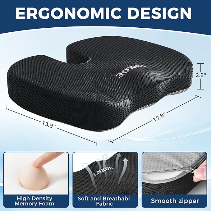 LNKOE Seat Cushion Memory Foam Cushion for Office Chair, Car Seat, Airplane, Bleacher - Sciatica & Hip & Coccyx Pain Relief Desk Chair Cushion for Long Sitting Office Workers, Car Drivers
