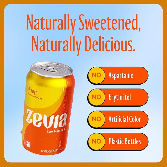 Zevia Zero Sugar Soda, Orange, 12 oz Cans (24-Pack) – Naturally Sweetened, Non-GMO Project Verified, Gluten-Free, Vegan