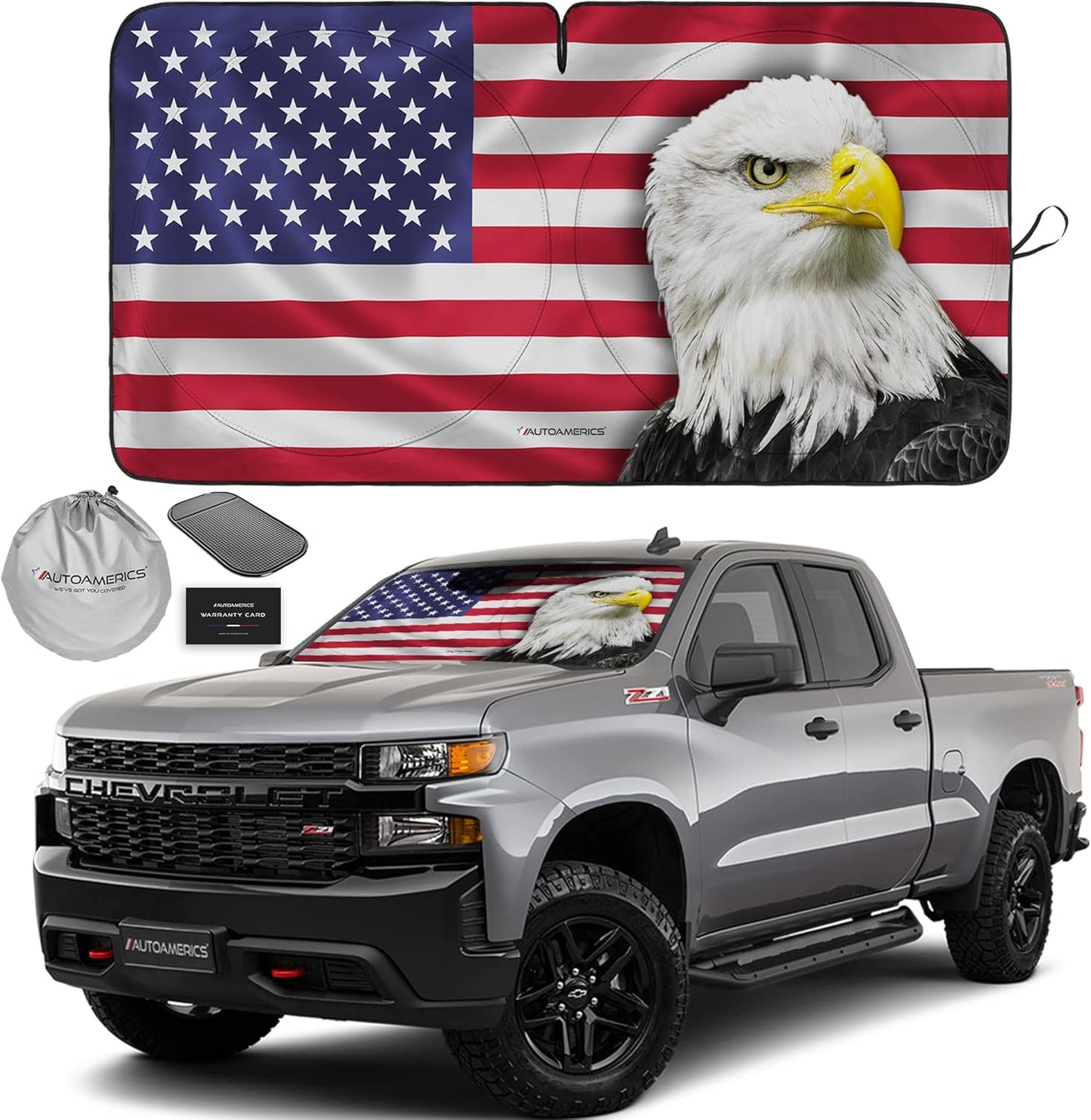 Autoamerics 1-Piece Windshield Sun Shade New American Eagle Flag USA Patriotic Design - Foldable Car Front Window Sunshade for Sedans SUV Truck - Blocks Max UV Rays and Keeps Your Vehicle Cool - Large