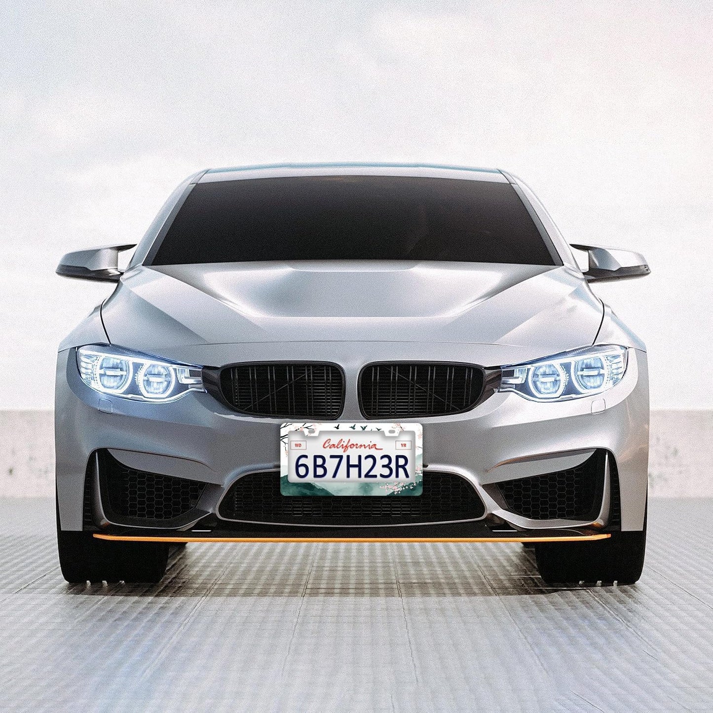 Mountains Cherry Blossom License Plate Frames - 2 Pcs Set 2 Holes Stainless Steel Metal Auto Car Accessories Decoration License Plate Frame Cover Size 6.3" x 12.2" Fit US Vehicles for Women Men Gift