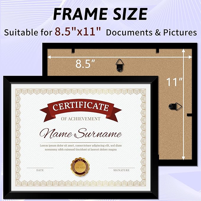 NEXCOVER Diploma Frame Black 6 Pack, 8.5 x 11 Certificate Frame with HD Plexiglass, 8.5 by 11 Picture Frames for Documents, Photos, Posters, Artworks, Horizontal and Vertical Wall Display