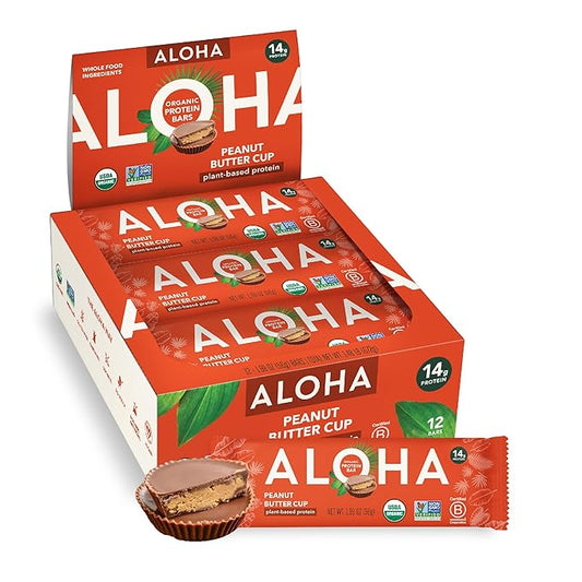 ALOHA Organic Plant Based Protein Bars - Peanut Butter Cup Bar - 12 Bars, Vegan, Low Sugar, Gluten-Free, Low Carb, Non-GMO, No Stevia, No Erythritol