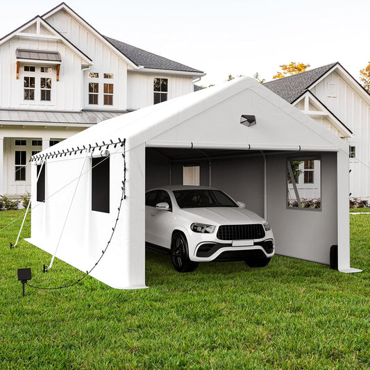13x25 Carport, Heavy Duty Carport Canopy Garage with Removable Sidewalls and Drive Through Roll Up Zipper Doors, White