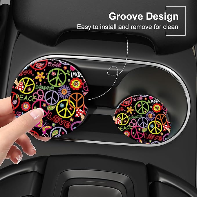 Childish Hippie Pattern Car Cup Holder Coaster, Car Coasters for Cup Holder, 2 Pack Peace and Love Symbol Anti-Slip Absorbent Ceramic Car Cup Coasters for Women Men with Finger Notch Cork Base 2.56"