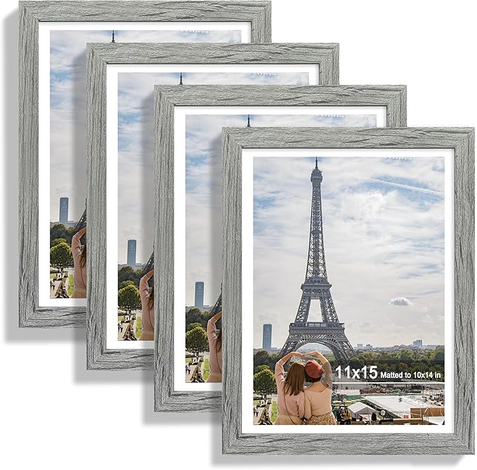 11x15 Picture Frame Set of 4, Made of Real Glass and Grey Frame - Display Picture 10x14 with Mat or 11x15 Without Mat, 11 by 15 Photo for Wall Mounting
