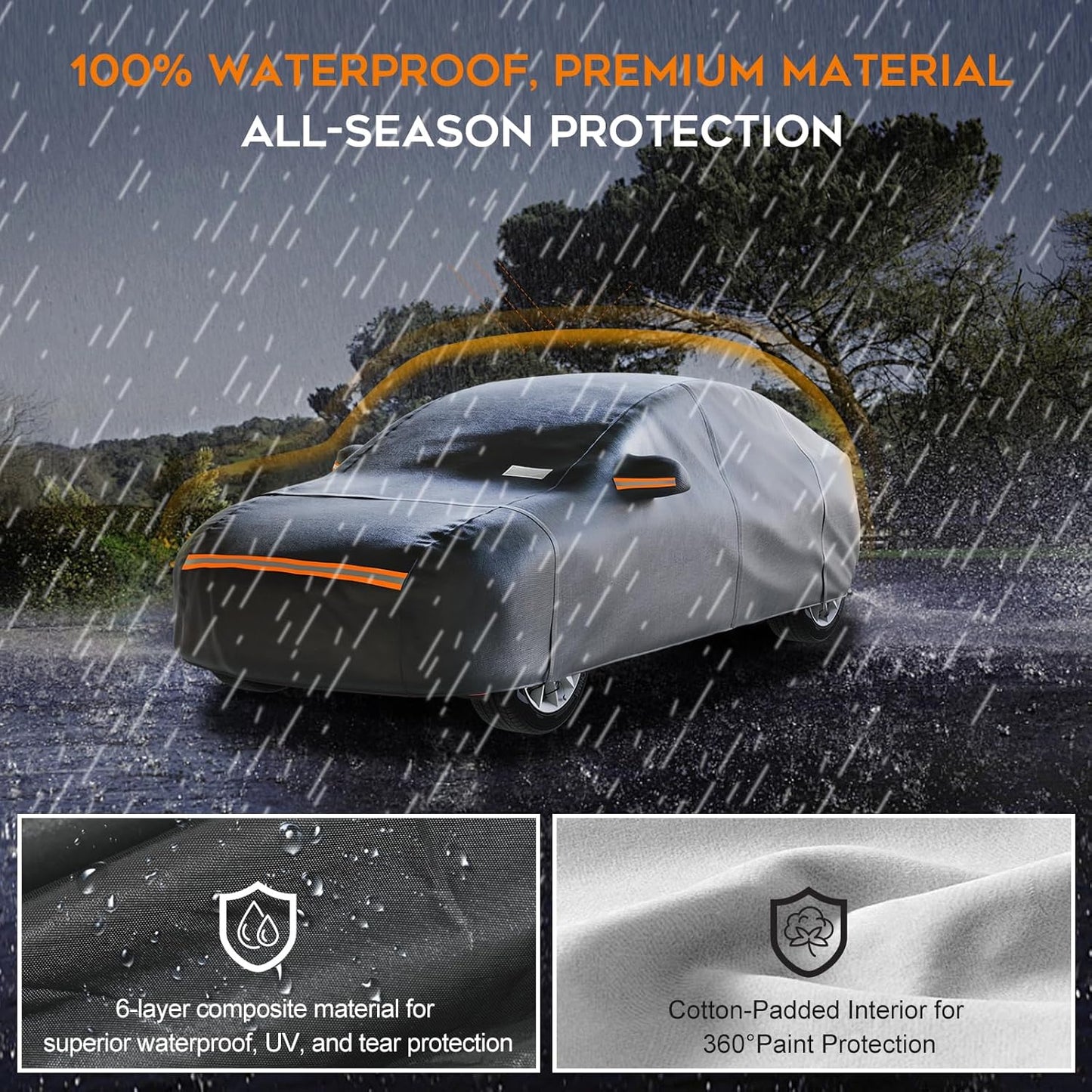 Hatchback Car Cover Waterproof All Weather for Automobiles，Outdoor Heavy Duty Full Exterior Covers with Zipper Door, Rain Sun Snow Dust UV Protection, Windproof Straps & Reflective Strips(Up to 177")