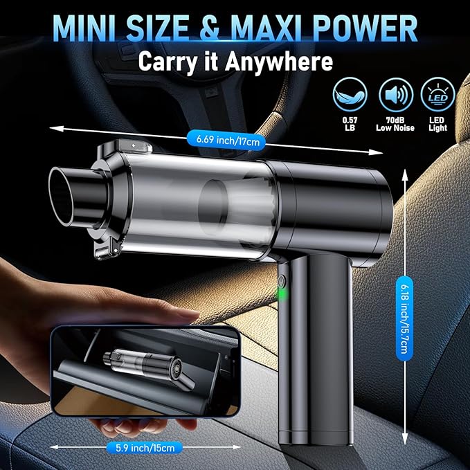 Car Vacuum Portable Cordless, 35000Pa High Power Brushless Motor Handheld Vacuum, 6-in-1 Rechargeable Mini Cleaner with Air Duster for Car, Home, Pet Hair, Keyboard,Grey
