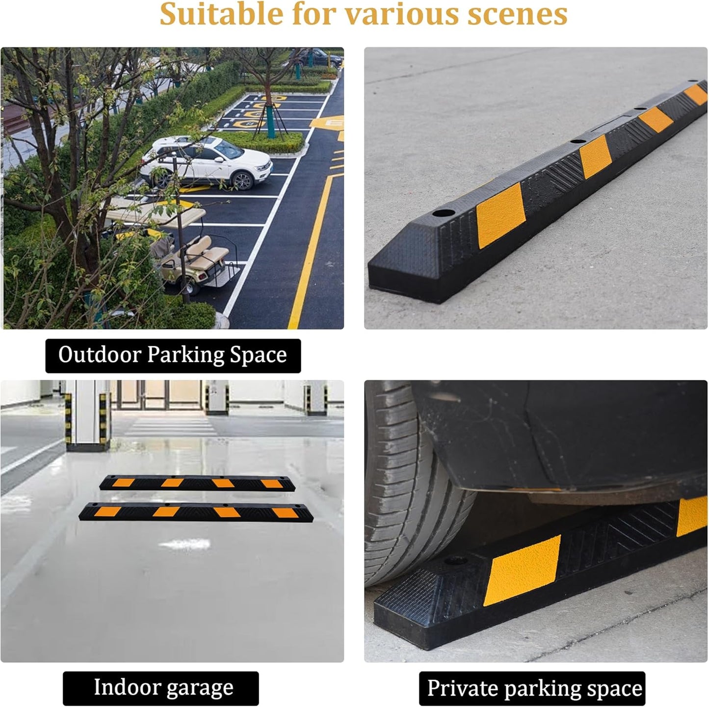 OrangeStar 72" Rubber Parking Curb, Heavy Duty Garage Floor Wheel Stopper w/Yellow Reflective Stripe for Car, Truck, Trailer, 2 Pack