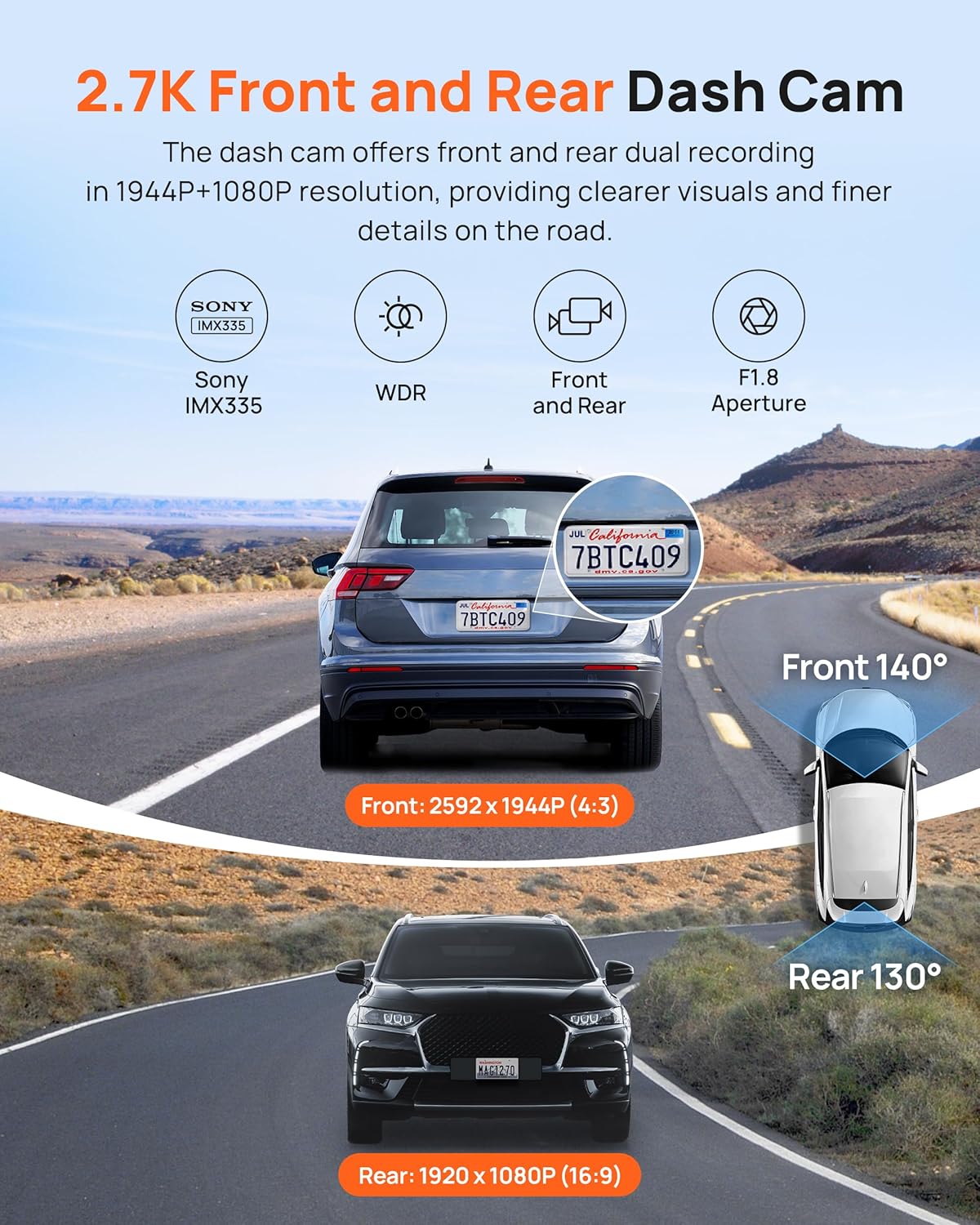 70mai 2.7K Dash Cam Front and Rear A500S, Dual Dash Camera for Cars, Dashcam with APP, Sony IMX335, ADAS, Built-in WiFi GPS, 2'' IPS Screen, WDR, Night Vision, 24/7 Parking Mode, Loop Recording