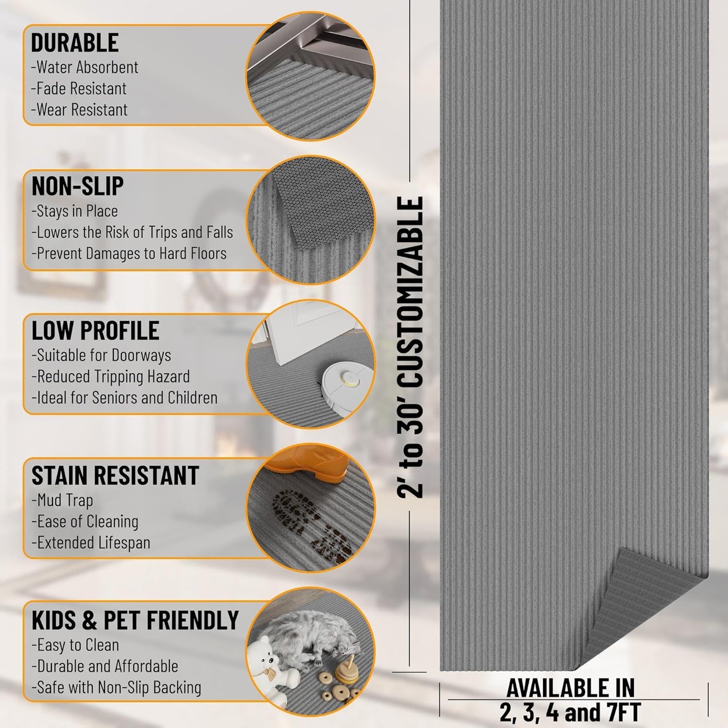 Ottomanson 5' x 6'6" Mud Mat Area Rug Scraper Carpet - Non-Slip, Dirt Trapping for Indoor & Outdoor Use - Ideal for Entryway, Garage, Kitchen, Patio & High-Traffic Areas, Gray