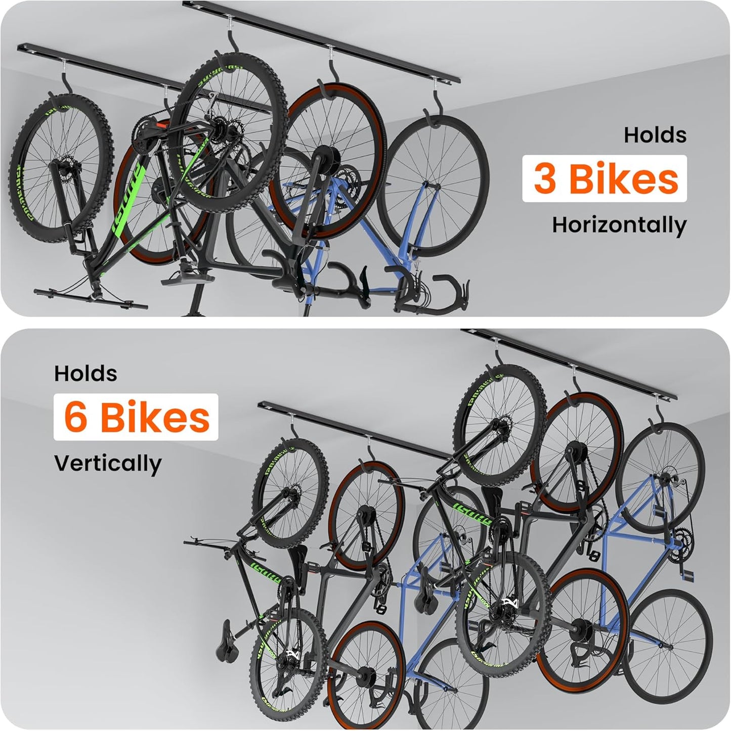 Ultrawall Ceiling Bike Rack for Garage, Indoor Bike Hanger with 6 Adjustable Bike Hooks for up to 3 Bikes (Horizontally), 6 Bikes (Vertically)