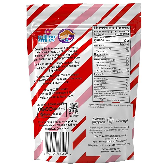 Zollipops Clean Teeth Lollipops, Anti Cavity, Sugar Free Candy for a Healthy Smile Great for Kids, Diabetics and Keto Diet, Peppermint, 5.2oz