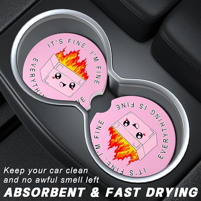 Car Cup Holder Coasters, 2 Pack Universal Auto Anti Slip Insert Coaster with A Finger Notch, Cup Mat for Most Car Interior, Pink Cute Dumpster