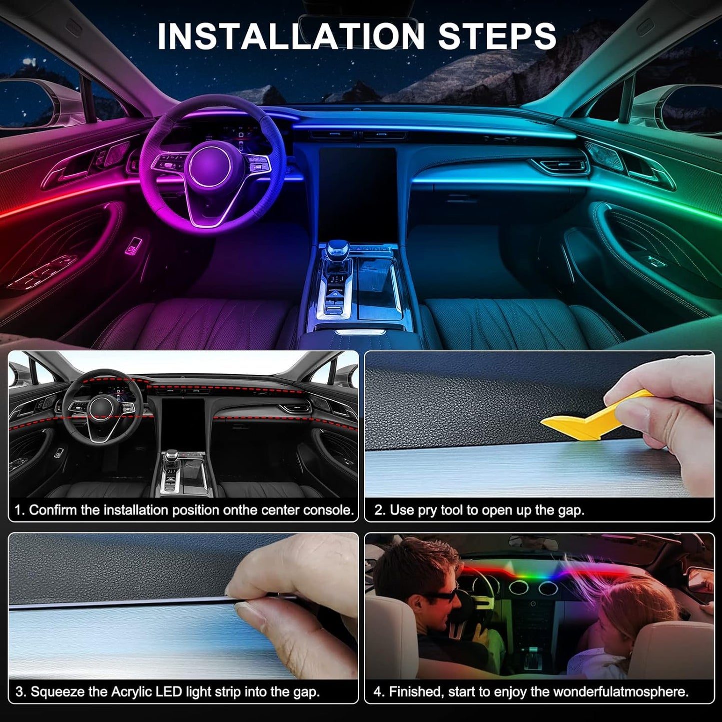 Acrylic Interior Car LED Strip Light with Wireless APP, RGB 14 in 1 with 175 inches 593 LEDs Fiber Optic Ambient Lighting Kits, 16 Million Colors Sound Active Function Car Neon Lights