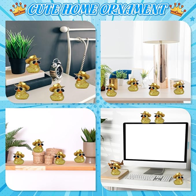 BOZILY Golden Cowboy Hat Rubber Duck with Sunglasses & Necklace - DIY Dashboard Decor, Squeaky Sound, Premium Rubber Car Accessory for Office Desk, Birthday Gift