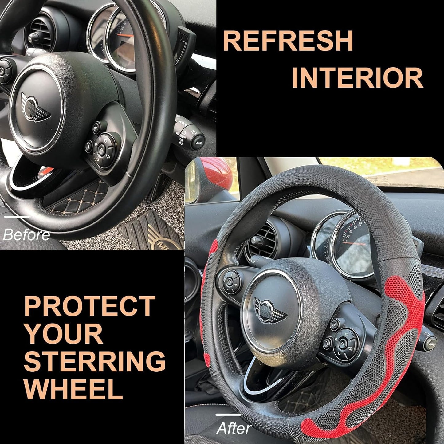 PINCTROT Large Size Comfy Grip Steering Wheel Cover, Anti-Slip Design, 15.5-15.75 Inch(Silicone Red)