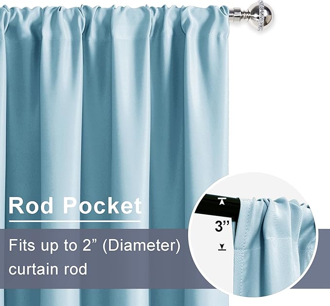 JIUZHEN Blackout Curtains for Bedroom– Thermal Insulated,Noise Reducing Room Darkening Privacy Drapes for Living Room, Set of 2 Panels with Tiebacks, 38 x 72 inch Long, Light Blue