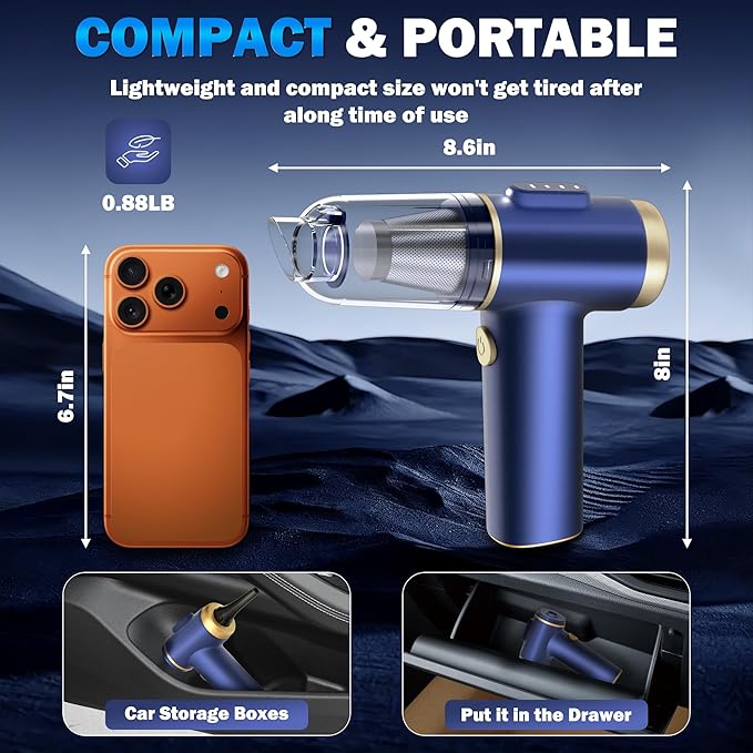 Handheld Car Vacuum Cleaner, 16000Pa Vacuum Cleaner and Air Duster, High Power Hand Held Vacuum with LED Light and Multi-Nozzles for Car,Home,Office,Pet(Blue)