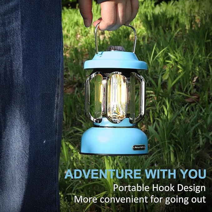 Rechargeable LED Camping Lanterns, Vintage Camping Lights Battery Operated, Portable Retro Metal Glamping Lights for Hiking, Hurricane, Decoration, Power outages, Blue, 1 Pack