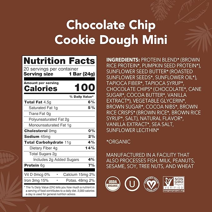 ALOHA Organic Plant Based Protein Bar MINIS |Chocolate Chip Cookie Dough| 20 Count, 24g Bars | Vegan, Low Sugar, Gluten Free, Paleo, Low Carb, Non-GMO, Stevia Free, Soy Free, No Sugar Alcohols